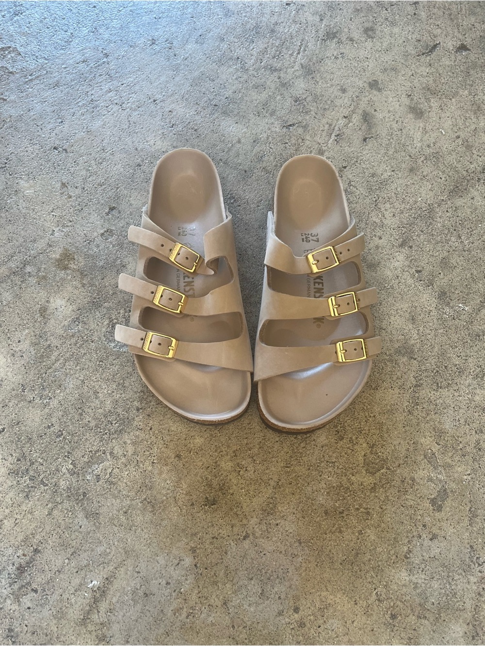 Birkenstock Women's Triple-Strap Slide Sandals in Taupe with Gold Buckles